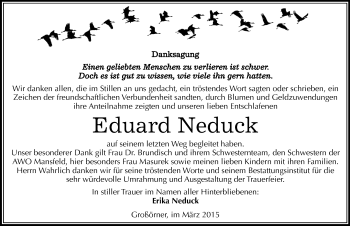 Traueranzeige von Eduard Neduck von Mitteldeutsche Zeitung Mansfelder Land