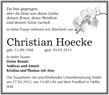 Traueranzeige von Christian Hoecke von Mitteldeutsche Zeitung Mansfelder Land