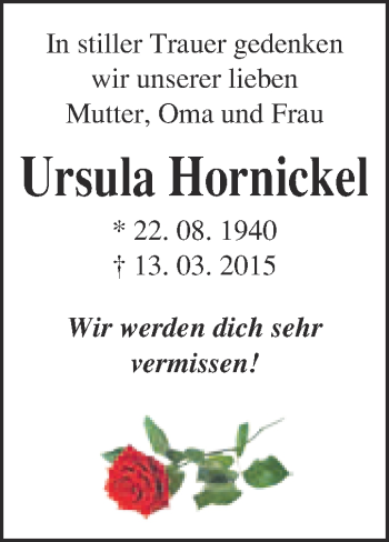 Traueranzeige von Ursula Hornickel von WVG - Wochenspiegel NMB / WSF / ZTZ