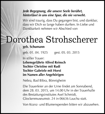 Traueranzeige von Dorothea Strohscherer von Mitteldeutsche Zeitung