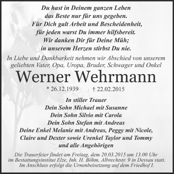Traueranzeige von Werner Wehrmann von WVG - Wochenspiegel Dessau / Köthen