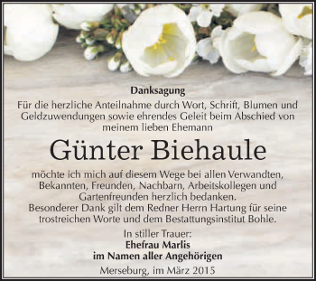 Traueranzeige von Günter Biehaule von WVG - Wochenspiegel Merseburg
