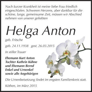 Traueranzeige von Helga Anton von WVG - Wochenspiegel Dessau / Köthen