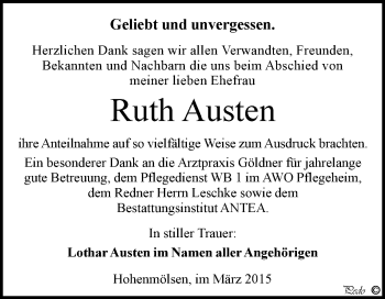 Traueranzeige von Ruth Austen von WVG - Wochenspiegel NMB / WSF / ZTZ