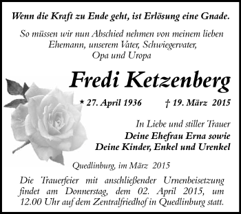 Traueranzeige von Erna und Fredi Ketzenberg von WVG - Wochenspiegel Quedlinburg