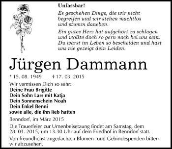 Traueranzeige von Jürgen Dammann von Mitteldeutsche Zeitung Mansfelder Land