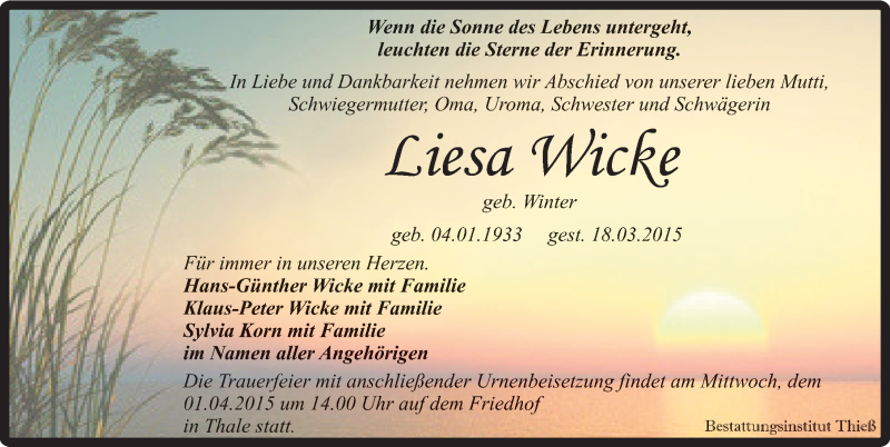  Traueranzeige für Liesa Wicke vom 28.03.2015 aus Mitteldeutsche Zeitung Quedlinburg