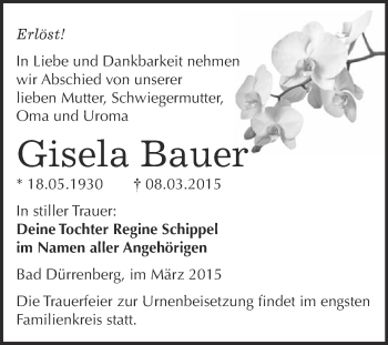 Traueranzeige von Gisela Bauer von Super Sonntag Merseburg