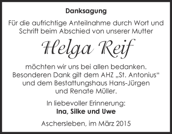 Traueranzeige von Helga Reif von Super Sonntag Aschersleben