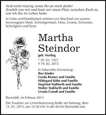 Traueranzeige von Martha Steindor von Mitteldeutsche Zeitung Merseburg/Querfurt