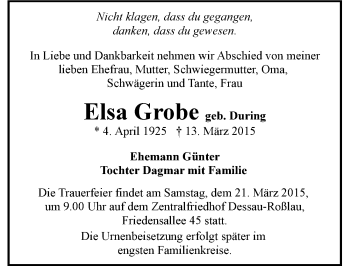 Traueranzeige von Elsa Grobe von Mitteldeutsche Zeitung Dessau-Roßlau