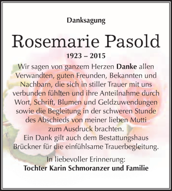 Traueranzeige von Rosemarie Pasold von WVG - Wochenspiegel NMB / WSF / ZTZ