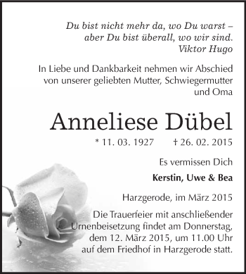 Traueranzeige von Anneliese Dübel von WVG - Wochenspiegel Quedlinburg