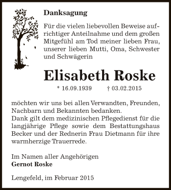 Traueranzeige von Elisabeth Roske von Super Sonntag SGH Mansf. Land