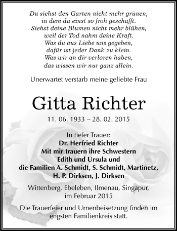 Traueranzeige von Gitta Richter von Mitteldeutsche Zeitung Wittenberg