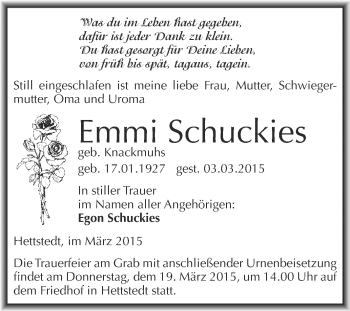Traueranzeige von Emmi Schuckies von Super Sonntag SGH Mansf. Land