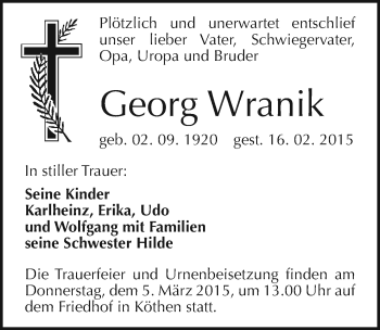 Traueranzeige von Georg Wranik von WVG - Wochenspiegel Dessau / Köthen
