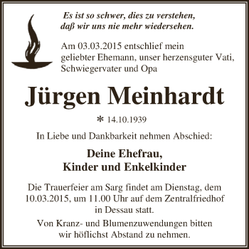 Traueranzeige von Jürgen Meinhardt von WVG - Wochenspiegel Dessau / Köthen