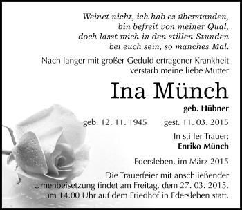 Traueranzeige von Ina Münch von Mitteldeutsche Zeitung Sangerhausen