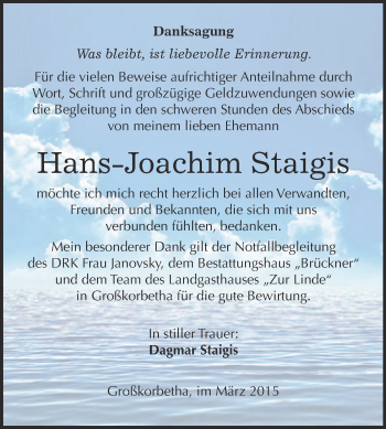 Traueranzeige von Hans-Joachim Staigis von WVG - Wochenspiegel NMB / WSF / ZTZ