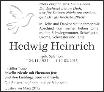 Traueranzeige von Hedwig Heinrich von Super Sonntag Bernburg