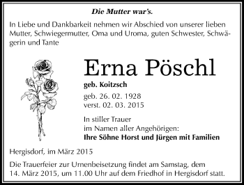 Traueranzeige von Erna Pöschl von Mitteldeutsche Zeitung Mansfelder Land