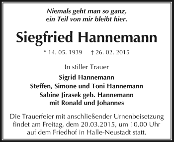 Traueranzeige von Siegfried Hannemann von Mitteldeutsche Zeitung Halle/Saalkreis
