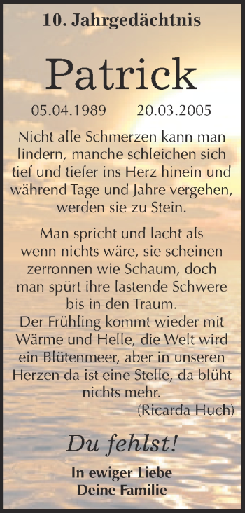 Traueranzeige von Patrick  von WVG - Wochenspiegel NMB / WSF / ZTZ
