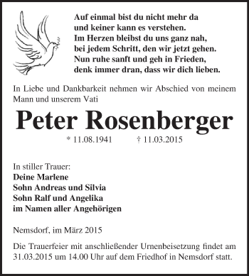Traueranzeige von Peter Rosenberger von WVG - Wochenspiegel Merseburg