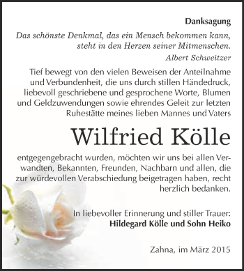 Traueranzeige von Wilfried Kölle von Super Sonntag Wittenberg