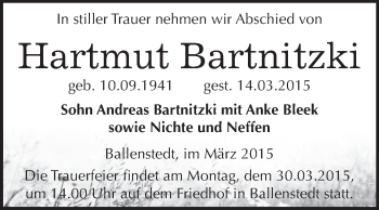 Traueranzeige von Hartmut Bartnitzki von WVG - Wochenspiegel Quedlinburg