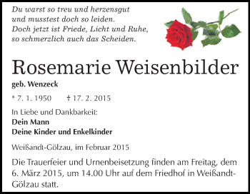 Traueranzeige von Rosemarie Weisenbilder von WVG - Wochenspiegel Dessau / Köthen