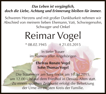 Traueranzeige von Reimar Vogel von WVG - Wochenspiegel Dessau / Köthen