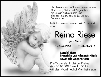 Traueranzeige von Reina Riese von Mitteldeutsche Zeitung Mansfelder Land