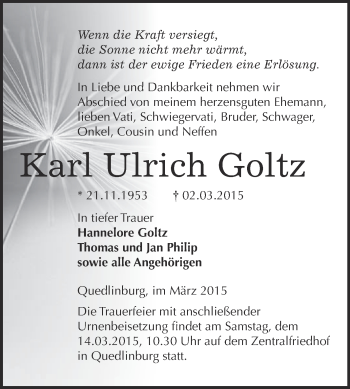 Traueranzeige von Karl Ulrich Goltz von WVG - Wochenspiegel Quedlinburg