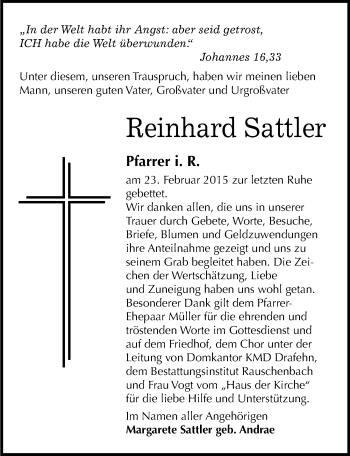 Traueranzeige von Reinhard Sattler von Mitteldeutsche Zeitung Naumburg/Nebra