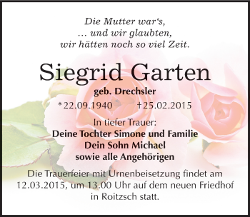 Traueranzeige von Siegrid Garten von Mitteldeutsche Zeitung Bitterfeld