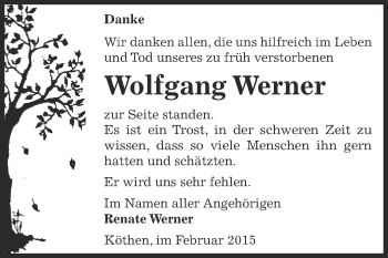 Traueranzeige von Wolfgang Werner von WVG - Wochenspiegel Dessau / Köthen