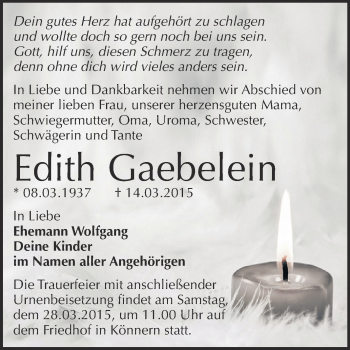 Traueranzeige von Edith Gaebelein von Super Sonntag Bernburg