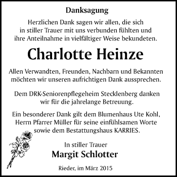 Traueranzeige von Charlotte Heinze von WVG - Wochenspiegel Quedlinburg