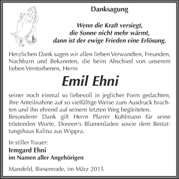 Traueranzeige von Emil Ehni von Wochenspiegel Mansfelder Land