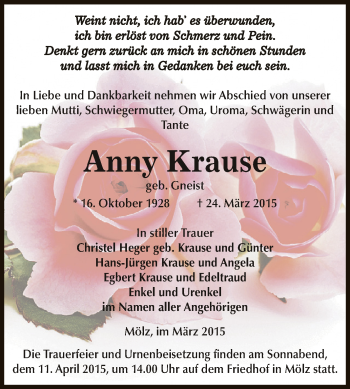 Traueranzeige von Anny Krause von WVG - Wochenspiegel Dessau / Köthen