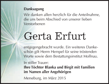 Traueranzeige von Gerta Erfurt von WVG - Wochenspiegel Merseburg