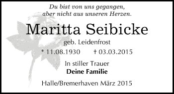 Traueranzeige von Maitta Seibicke von Mitteldeutsche Zeitung Wittenberg