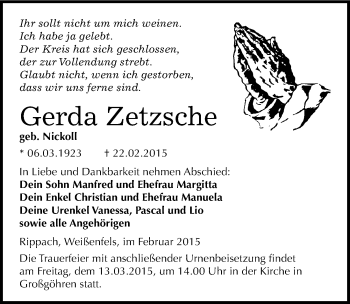 Traueranzeige von Gerda Zetzsche von Mitteldeutsche Zeitung Merseburg/Querfurt