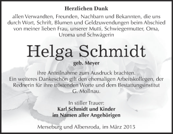Traueranzeige von Helga Schmidt von WVG - Wochenspiegel Merseburg