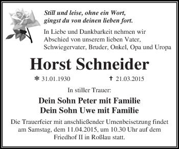 Traueranzeige von Horst Schneider von WVG - Wochenspiegel Dessau / Köthen