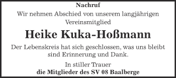 Traueranzeige von Heike Kuka-Hoßmann von Super Sonntag Bernburg