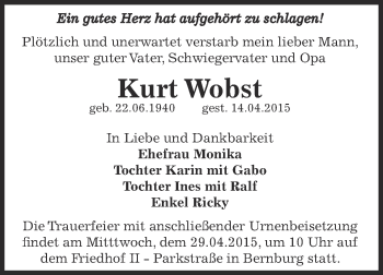 Traueranzeige von Kurt Wobst von Super Sonntag Bernburg