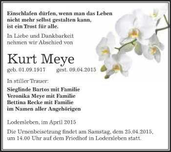 Traueranzeige von Kurt Meye von WVG - Wochenspiegel Merseburg